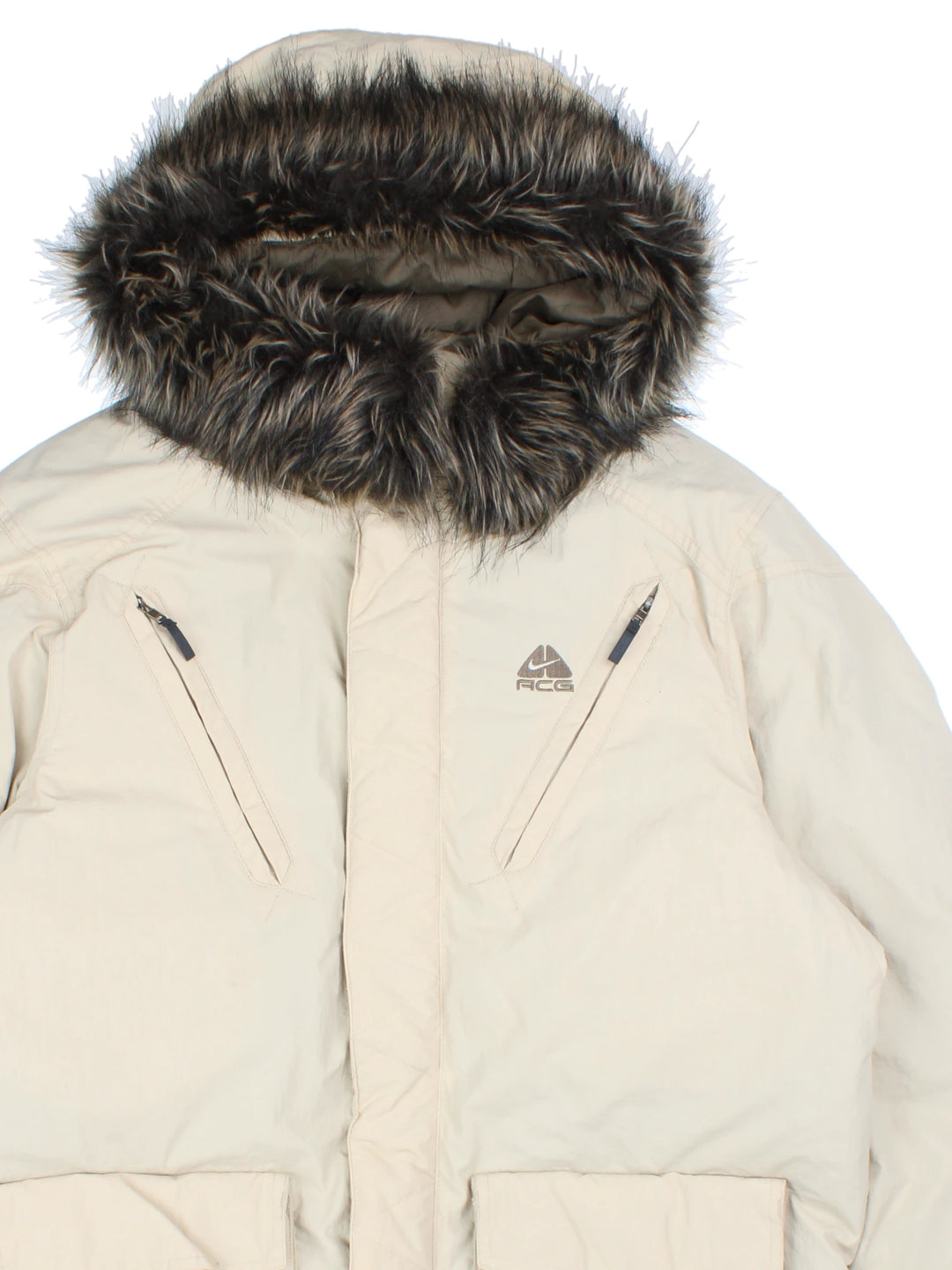 Nike ACG zip through coat with high neck, pockets and faux fur on collar