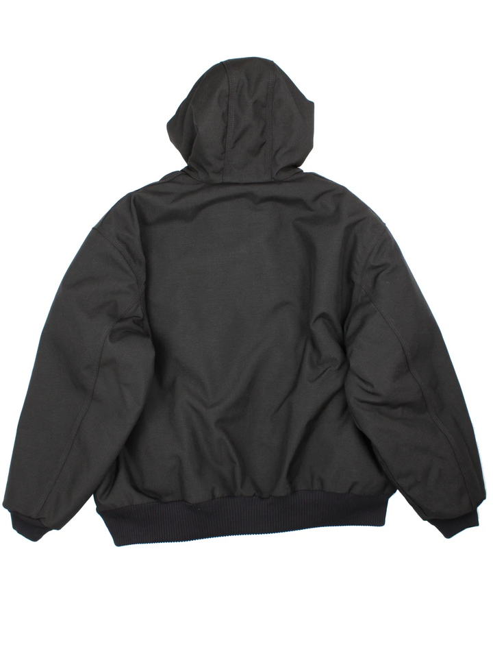 Carhartt Active Jacket in a black colourway. Zip up closure and has side pockets, insulated with a quilted lining, hooded, and has the logo embroidered on the front.