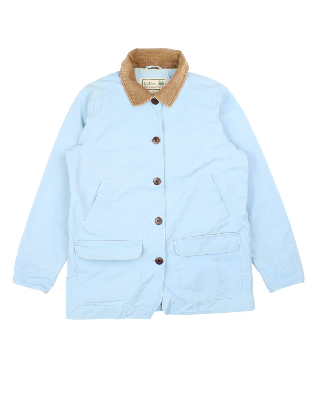 Vintage L.L Bean Chore Jacket in a baby blue colourway. Buttons up and has multiple pockets and a brown corduroy collar.