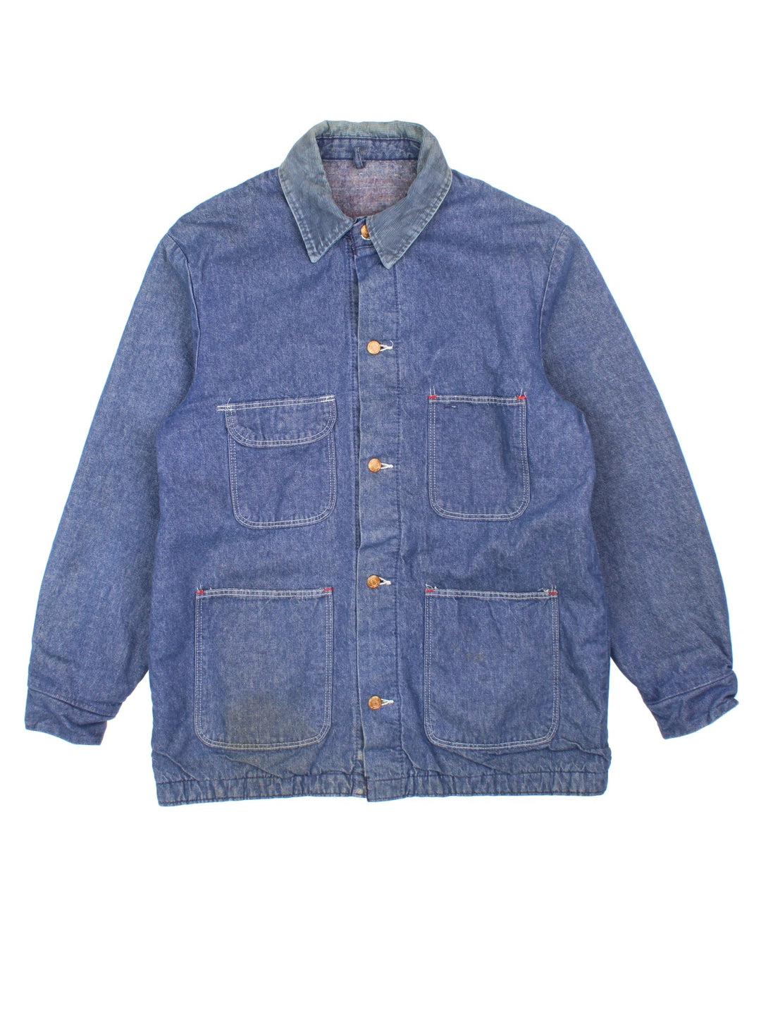 Vintage Blue Bell Wrangler Chore Work Jacket in a blue colourway. Buttons up and has multiple pockets, insulated with a blanket lining, corduroy collar, and has embroidered patch and printed spell out on the back.