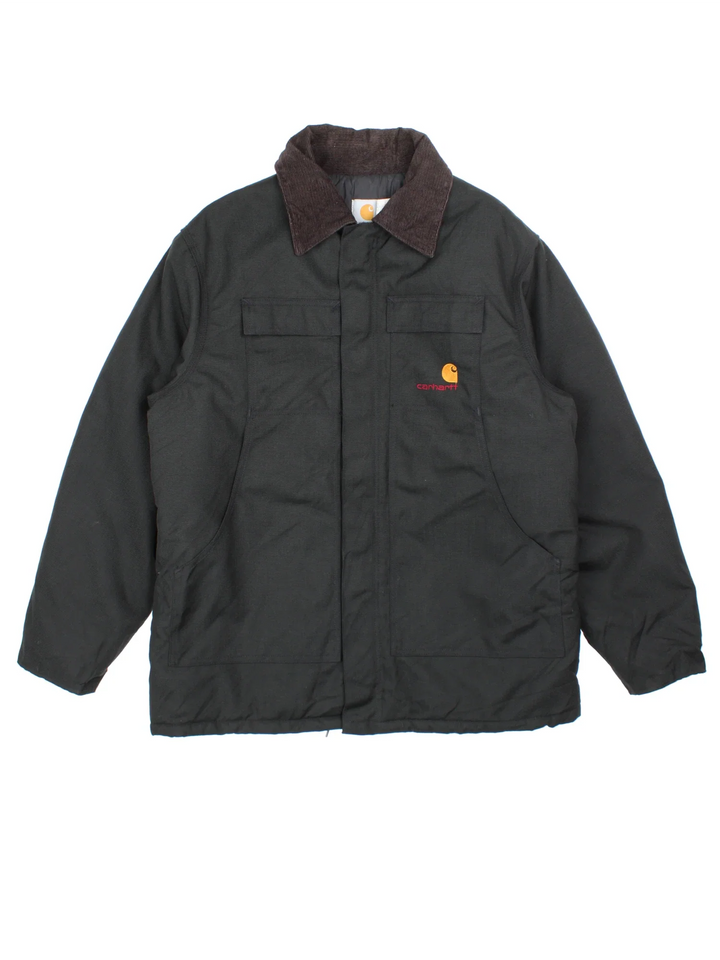 Vintage Carhartt Arctic Jacket in a black colourway with a brown corduroy collar. Zip up closure and has multiple pockets, insulated with a quilted lining, and has the logos embroidered on the front.