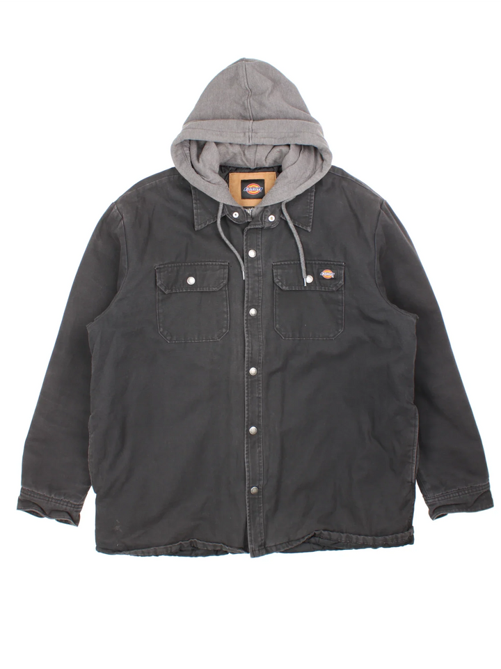 Vintage Dickies Hooded Jacket in a black and grey colourway. Zip and buttons up closure, has multiple pockets, insulated with a quilted lining, and has the logos embroidered on the front.