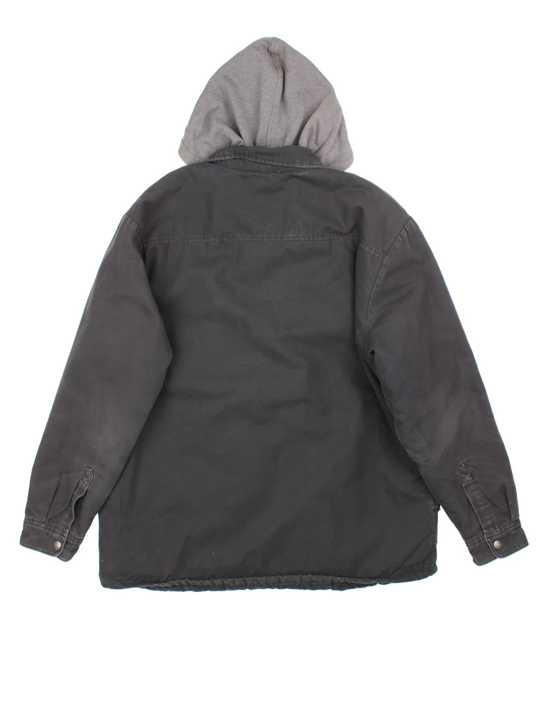 Vintage Dickies Hooded Jacket in a black and grey colourway. Zip and buttons up closure, has multiple pockets, insulated with a quilted lining, and has the logos embroidered on the front.