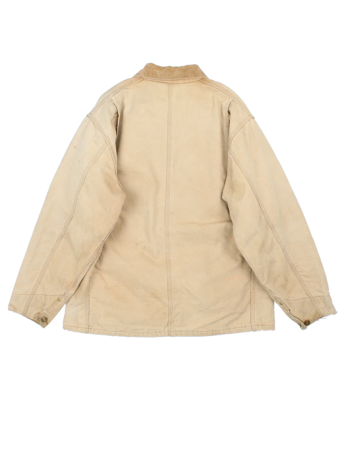 Vintage Carhartt Chore Jacket in a tan colourway. Buttons up and has multiple pockets, insulated with a blanket lining, and has the logos embroidered on the front.