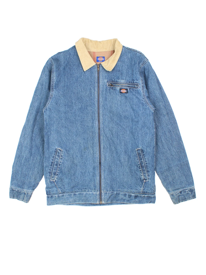 Dickies Denim Jacket in a blue colourway with cream corduroy collar. Zip up closure and has multiple pockets, insulated blanket lining, and has the logo embroidered on the front.