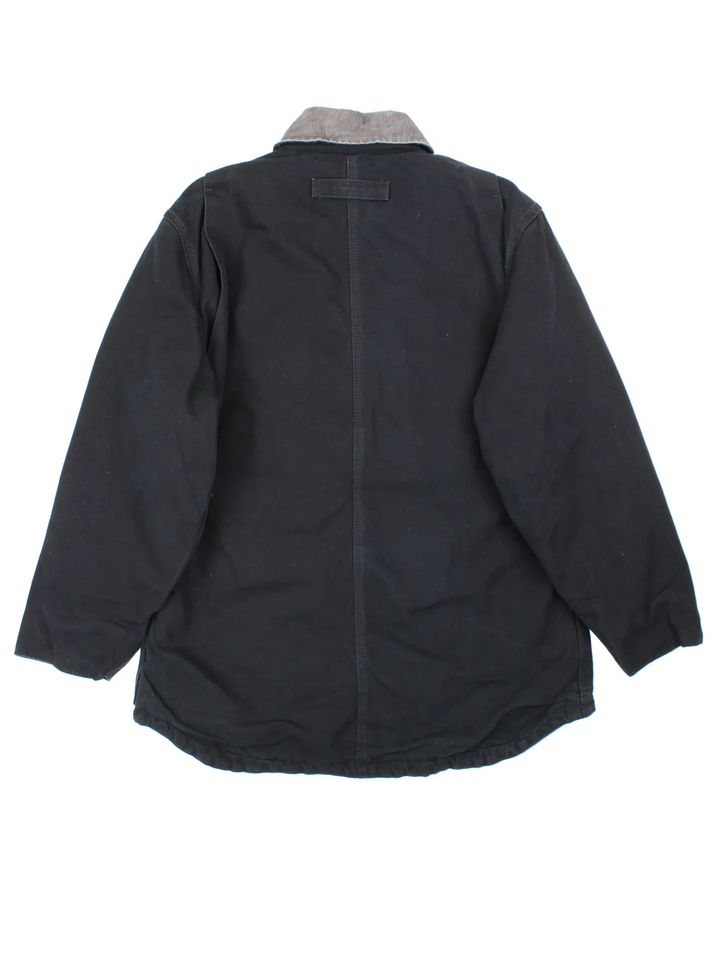 Dickies Chore Work Jacket in a black colourway with a grey corduroy collar. Zip up closure and has multiple pockets, insulated lining, and has the logo embroidered on the front.