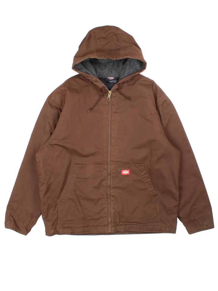 Dickies Workwear Jacket in a brown colourway. Zip up closure and has side pockets, insulated lining, hooded and has the logo embroidered on the front.