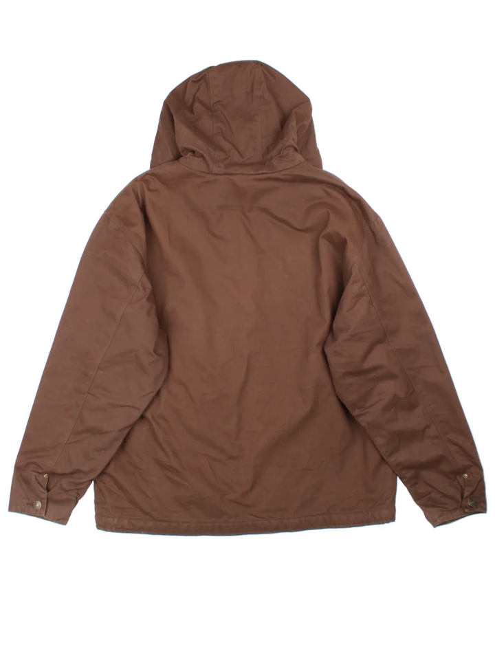 Dickies Workwear Jacket in a brown colourway. Zip up closure and has side pockets, insulated lining, hooded and has the logo embroidered on the front.