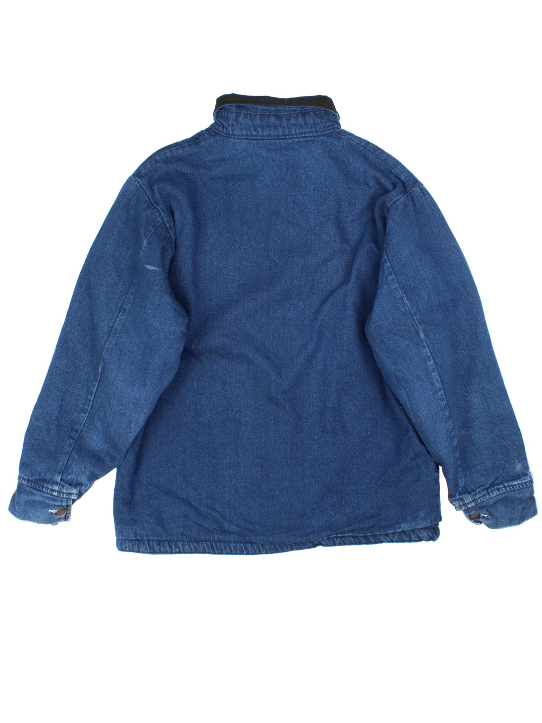 Vintage Denim Chore Jacket in a blue colourway with a black collar. Button up closure and has multiple pockets, insulated with a blanket lining.