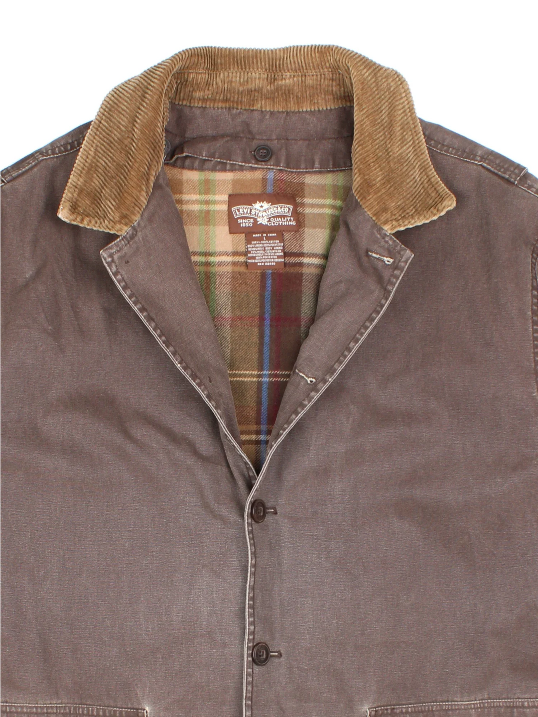 Levi Strauss Chore Jacket in a brown colourway with a corduroy collar. Button up closure and has double front pockets, insulated with a detachable tartan fleece lining.
