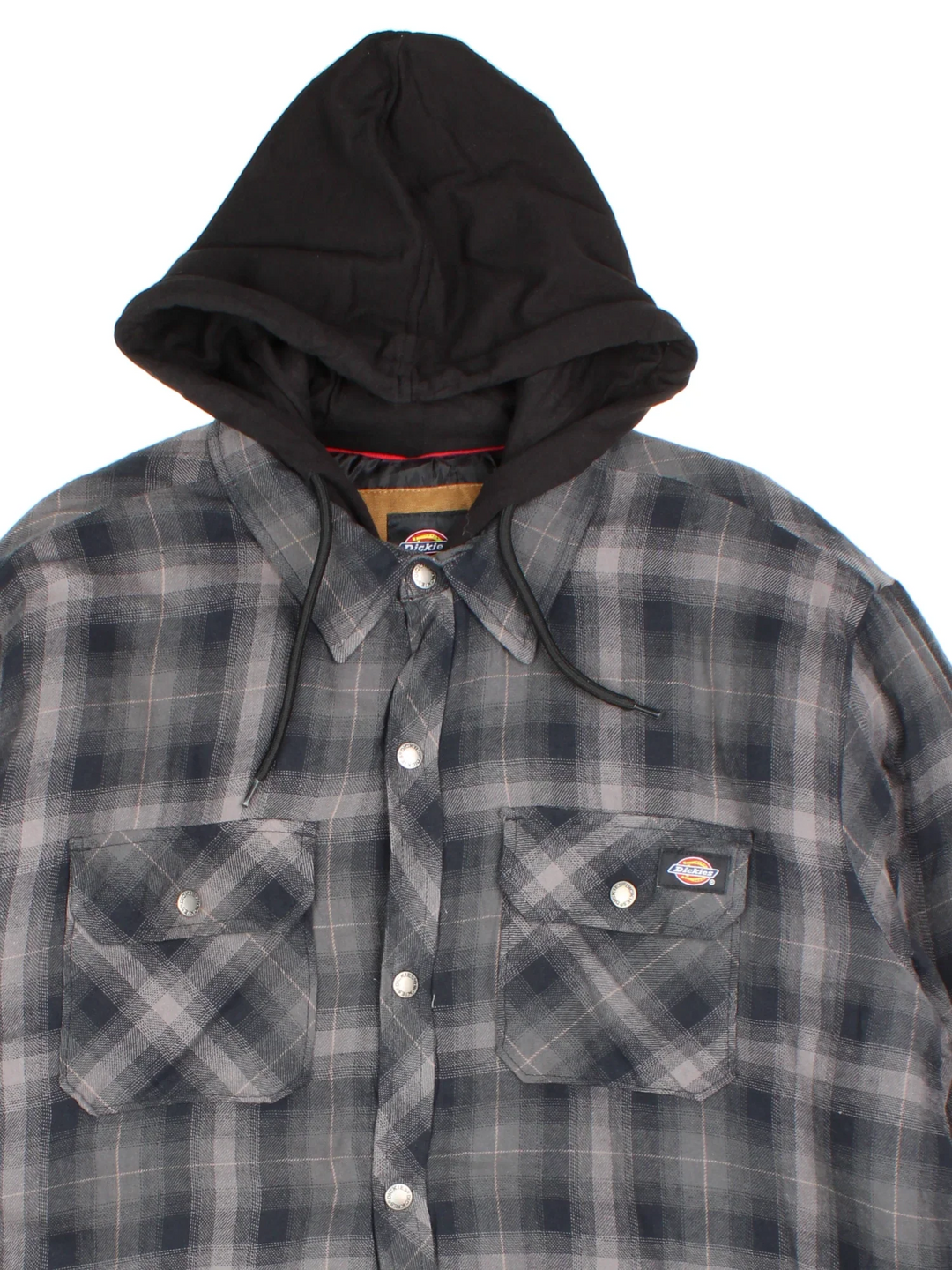 Dickies Hooded Flannel Jacket in a grey plaid pattern colourway. Button up closure and has multiple pockets, insulated quilted lining, and has the logo embroidered on the front.