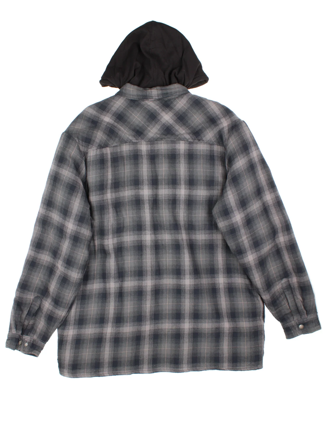 Dickies Hooded Flannel Jacket in a grey plaid pattern colourway. Button up closure and has multiple pockets, insulated quilted lining, and has the logo embroidered on the front.