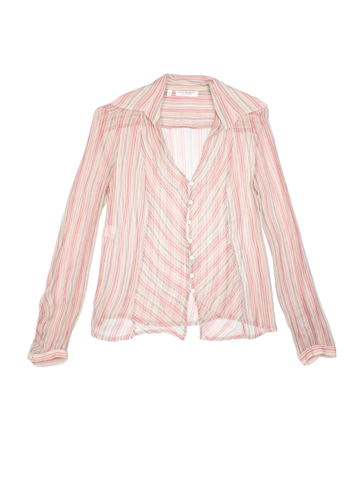 Vintage Y2K Stripe Shirt in a pink/cream colourway, button up with V neckline and gather detaling on sleeves.