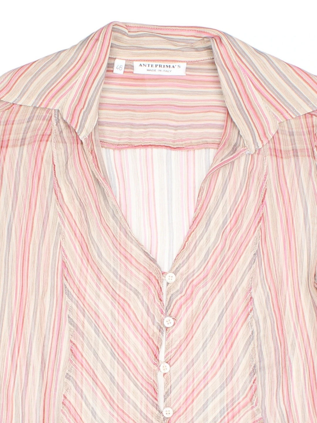 Vintage Y2K Stripe Shirt in a pink/cream colourway, button up with V neckline and gather detaling on sleeves.