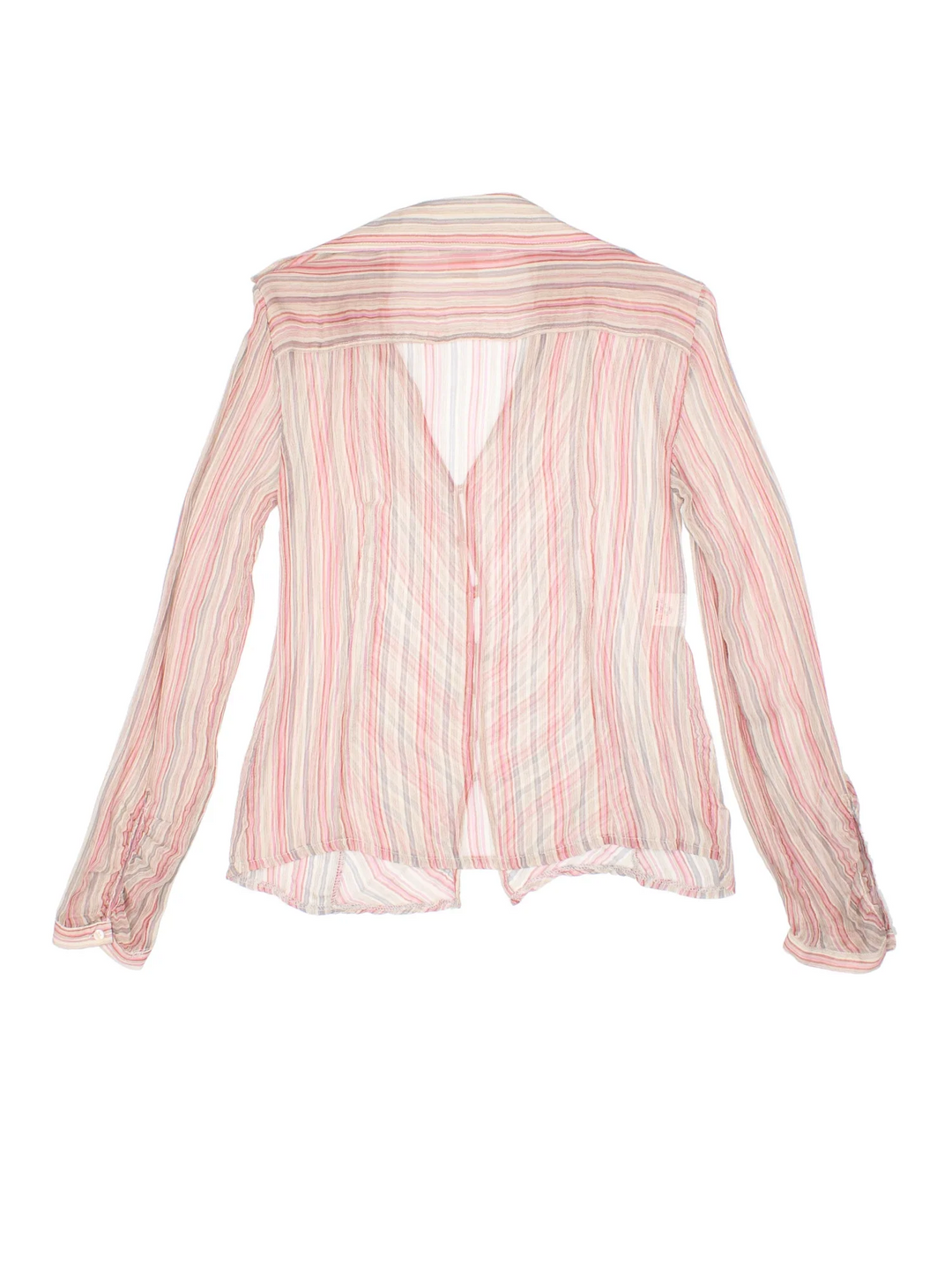Vintage Y2K Stripe Shirt in a pink/cream colourway, button up with V neckline and gather detaling on sleeves.