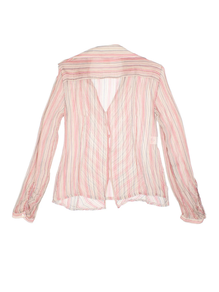 Vintage Y2K Stripe Shirt in a pink/cream colourway, button up with V neckline and gather detaling on sleeves.