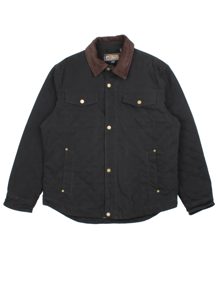 Pendleton Quilted Canvas Jacket in a black colourway with a brown corduroy collar. Buttons up and has multiple pockets.