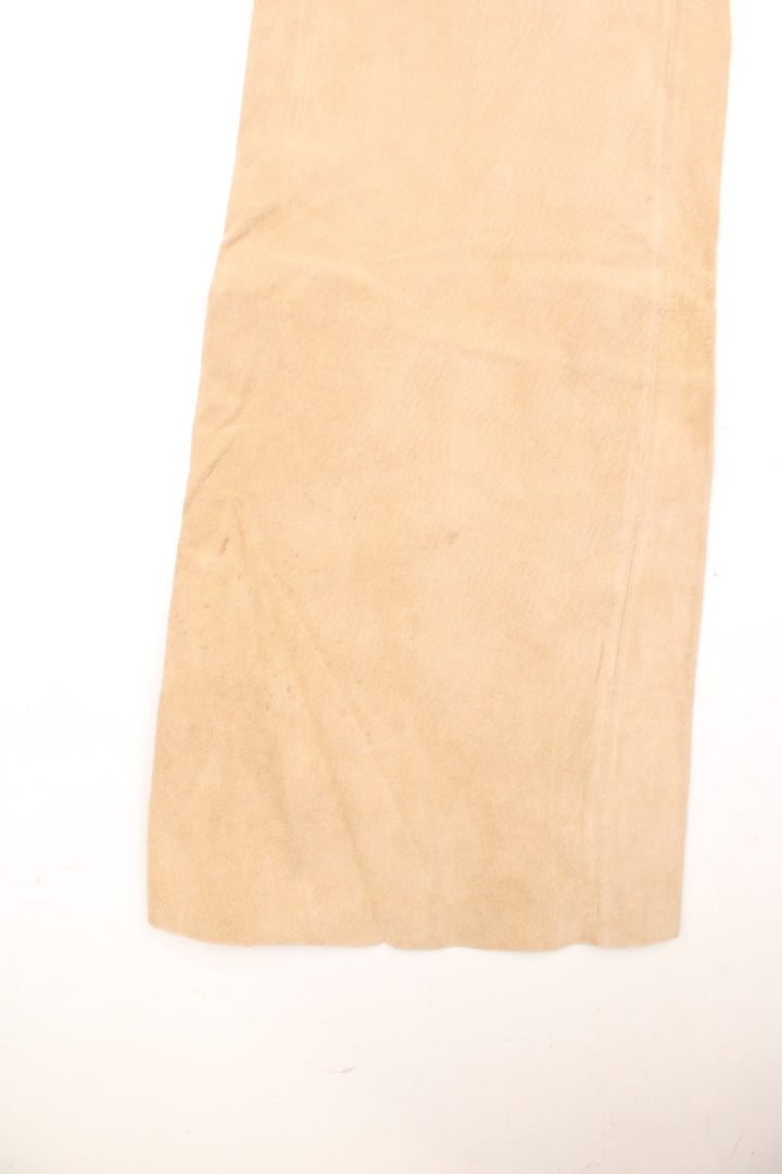 ICHI tan coloured suede flared pants with fringe belt and zip fastening. 