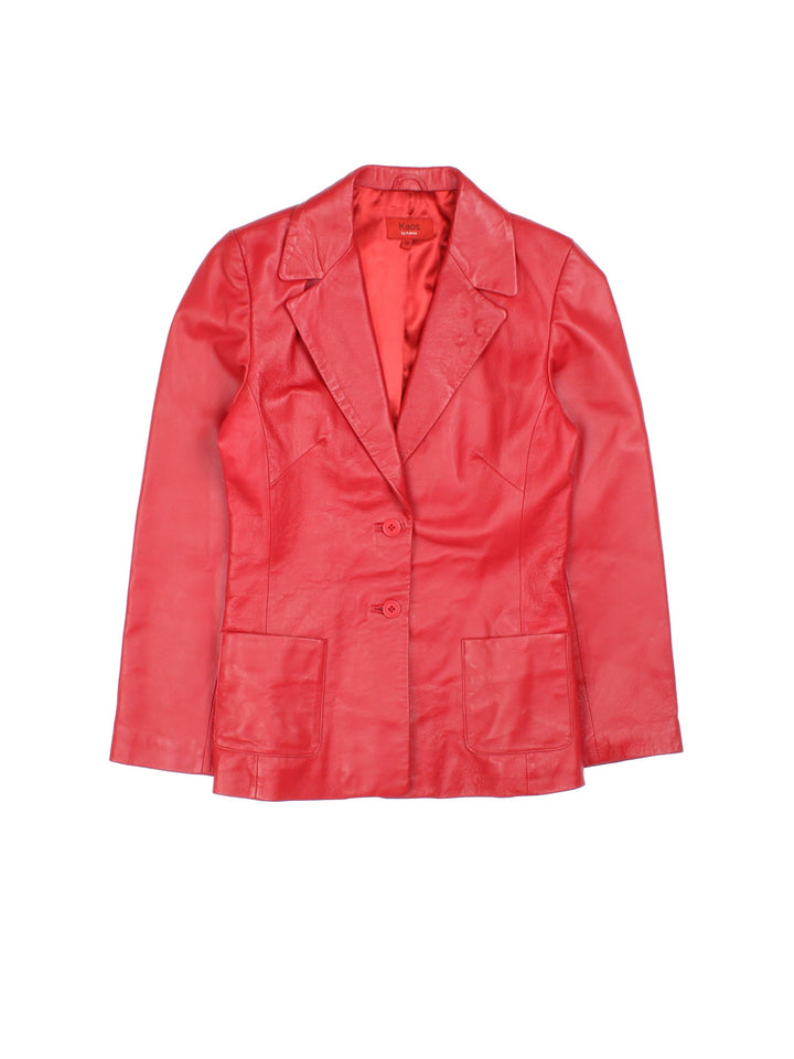 Vintage Leather Jacket in a red colourway, buttons up and has side pockets, and a large collar.