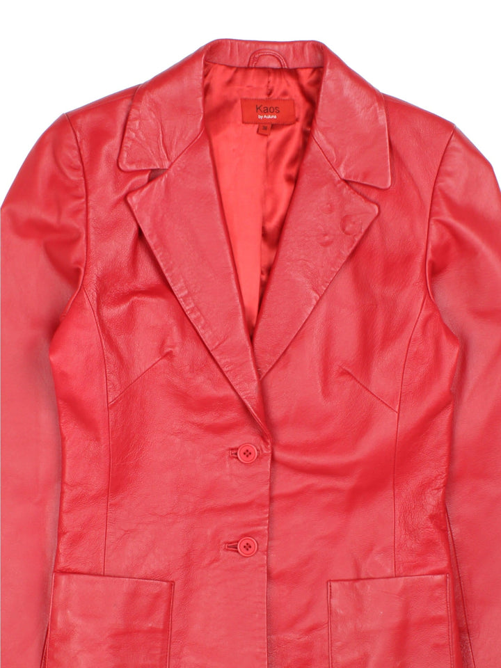 Vintage Leather Jacket in a red colourway, buttons up and has side pockets, and a large collar.