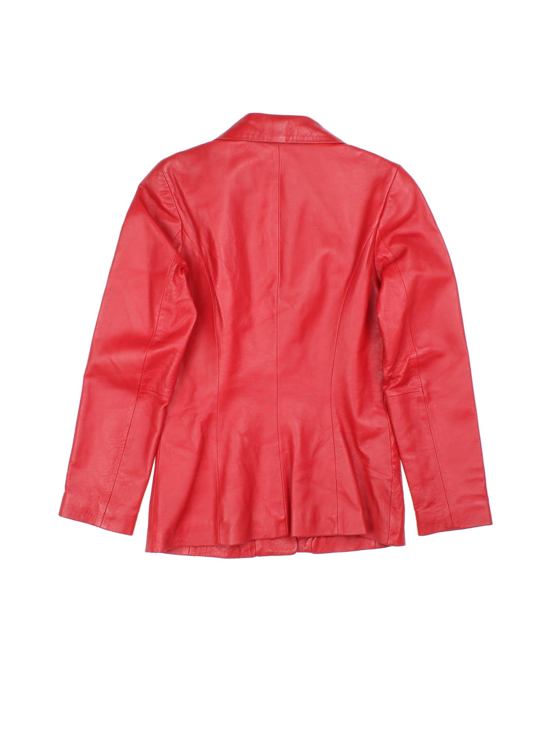 Vintage Leather Jacket in a red colourway, buttons up and has side pockets, and a large collar.