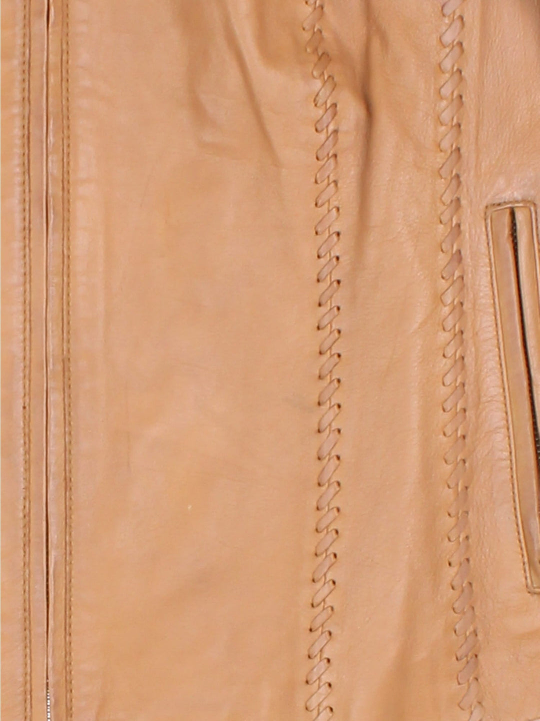 Vintage Western Style Leather Jacket in a tan colourway, zips up and has side pockets, and has cross stitching features going down the sides.