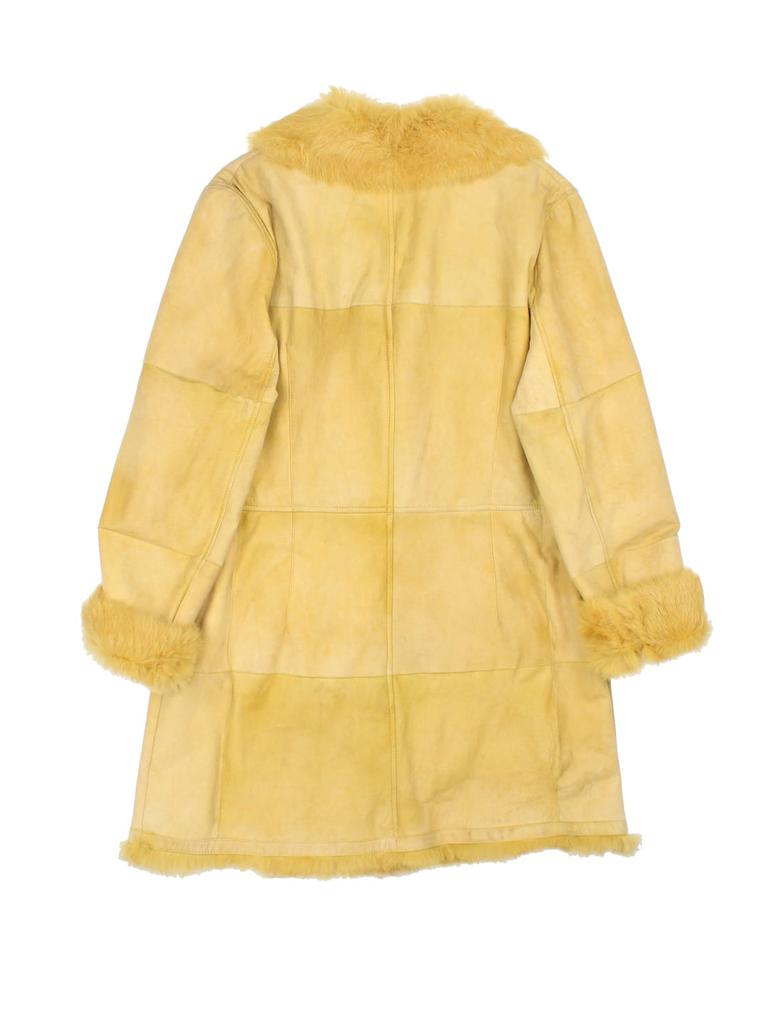 Vintage Afghan Coat in a yellow colourway, buttons up and has side pockets, and big fur collar and cuffs.