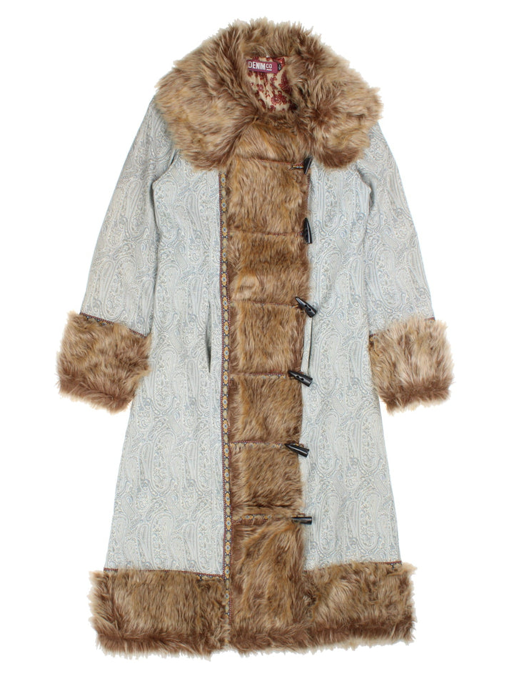 Vintage Y2K Tapestry Patterned Afghan Coat in a blue colourway, buttons up and has side pockets, big fur collar and features on the front, and has tapestry patterns throughout.