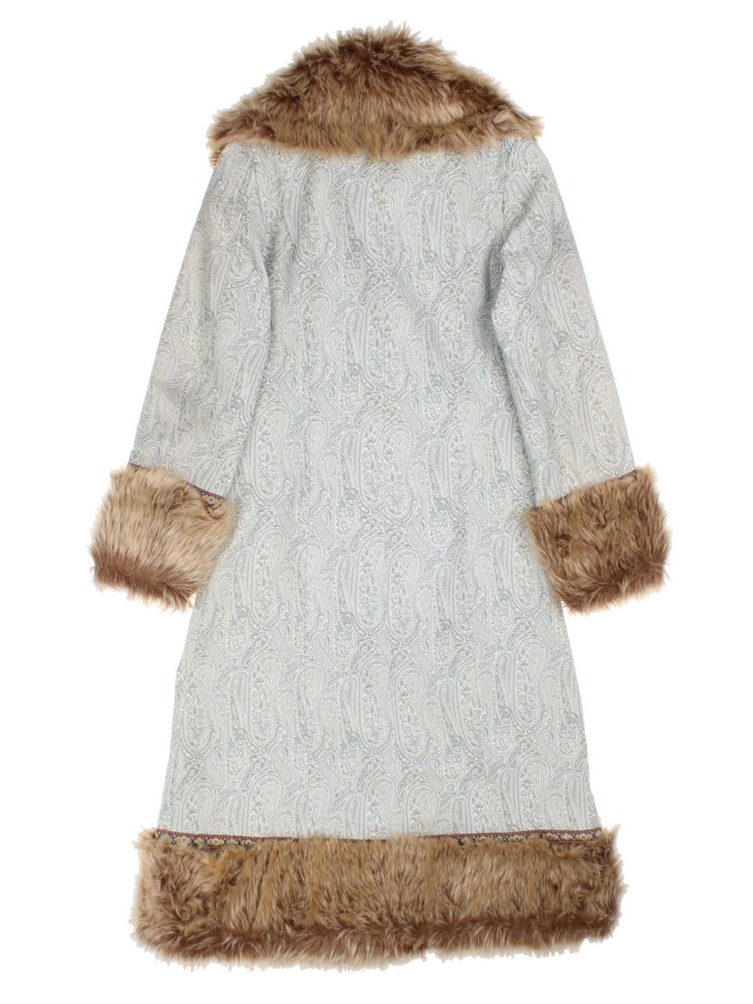 Vintage Y2K Tapestry Patterned Afghan Coat in a blue colourway, buttons up and has side pockets, big fur collar and features on the front, and has tapestry patterns throughout.
