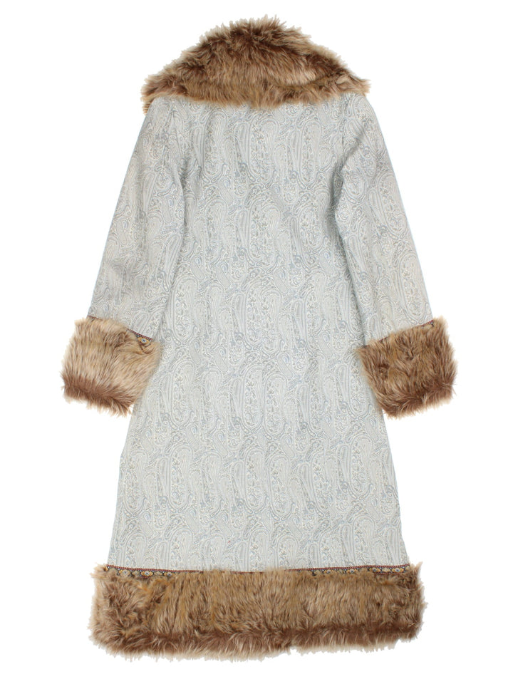 Vintage Y2K Tapestry Patterned Afghan Coat in a blue colourway, buttons up and has side pockets, big fur collar and features on the front, and has tapestry patterns throughout.