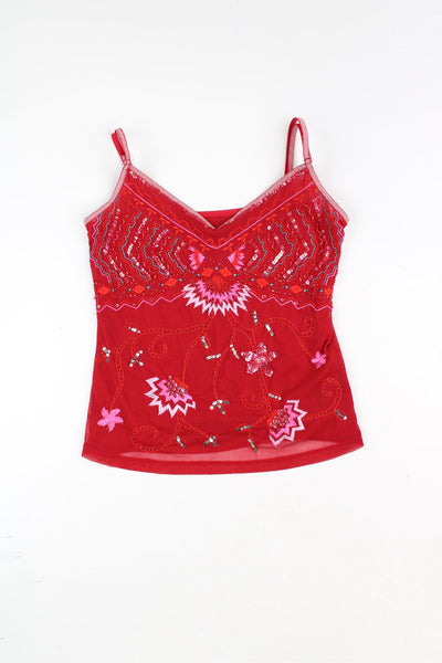 Y2K red mesh cami top by NEXT, features embroidered detials and sequins all over the front with spaghetti straps