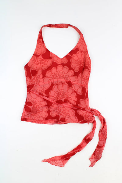 Y2K red floral, floaty halter neck top with tie back