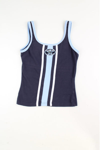 Y2K Reebok navy blue, cotton vest top with baby blue piping and embroidered logo on the chest