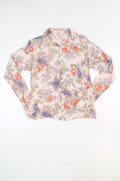 Vintage 1970's ELY paisley print nylon button up blouse with dagger collar