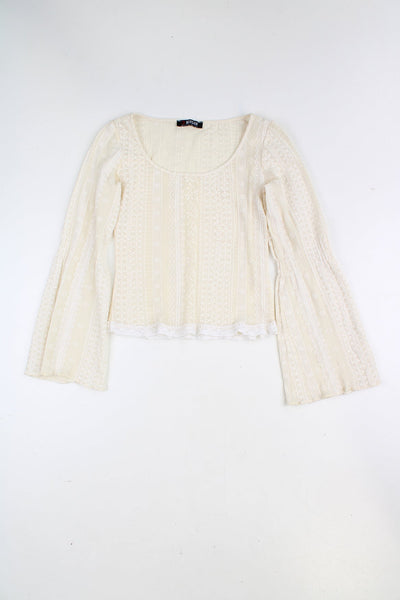 Y2K Morgan cream/off white mesh top, with slightly flared sleeve and raised printed all over pattern and crochet hem