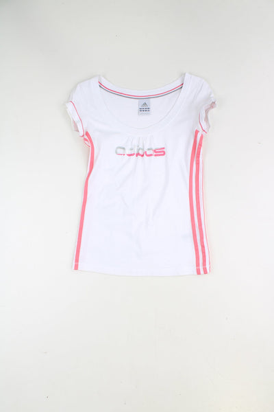 2000's Adidas white ruched neck t-shirt with pink three stripe details