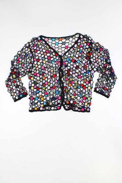 Vintage black and multicoloured crochet long sleeve button up top, features all over beading too 