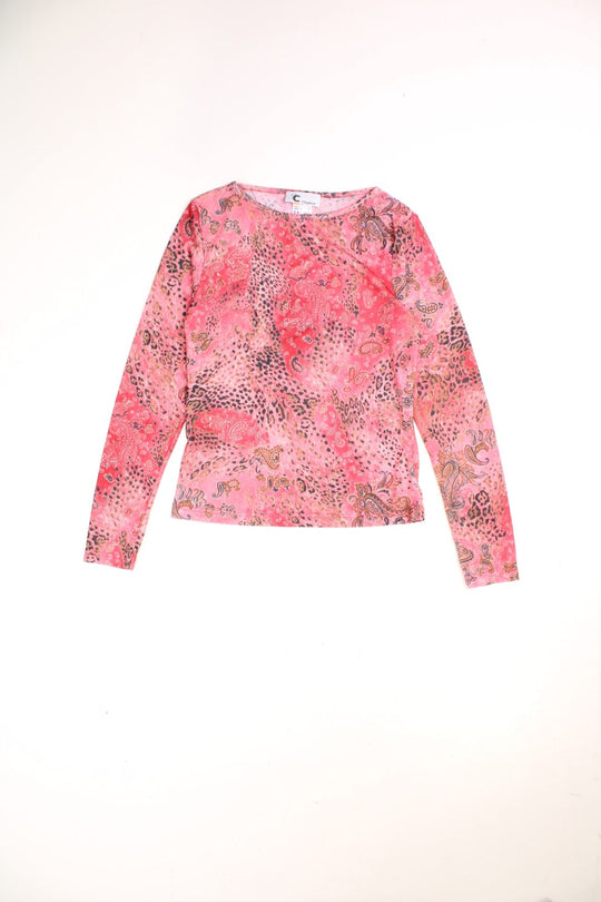 Vintage Y2K Ivory and Pink Floral Silk Long Sleeve Top