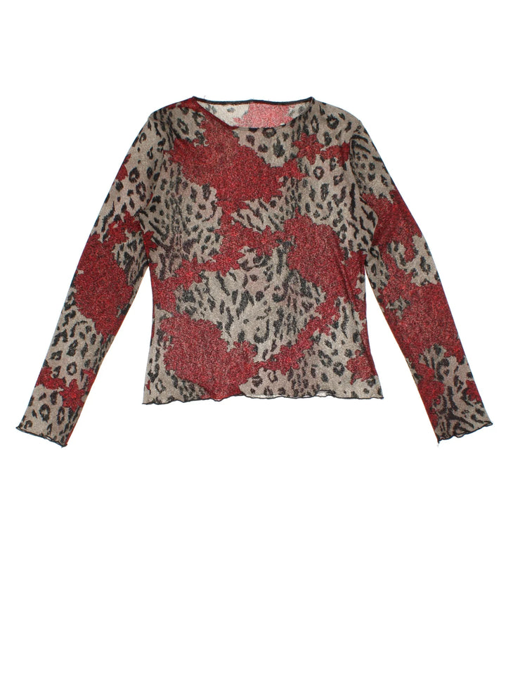 Y2K Leopard Print Mesh Top in a black/red colourway, frill hem detail and all over printed detail.