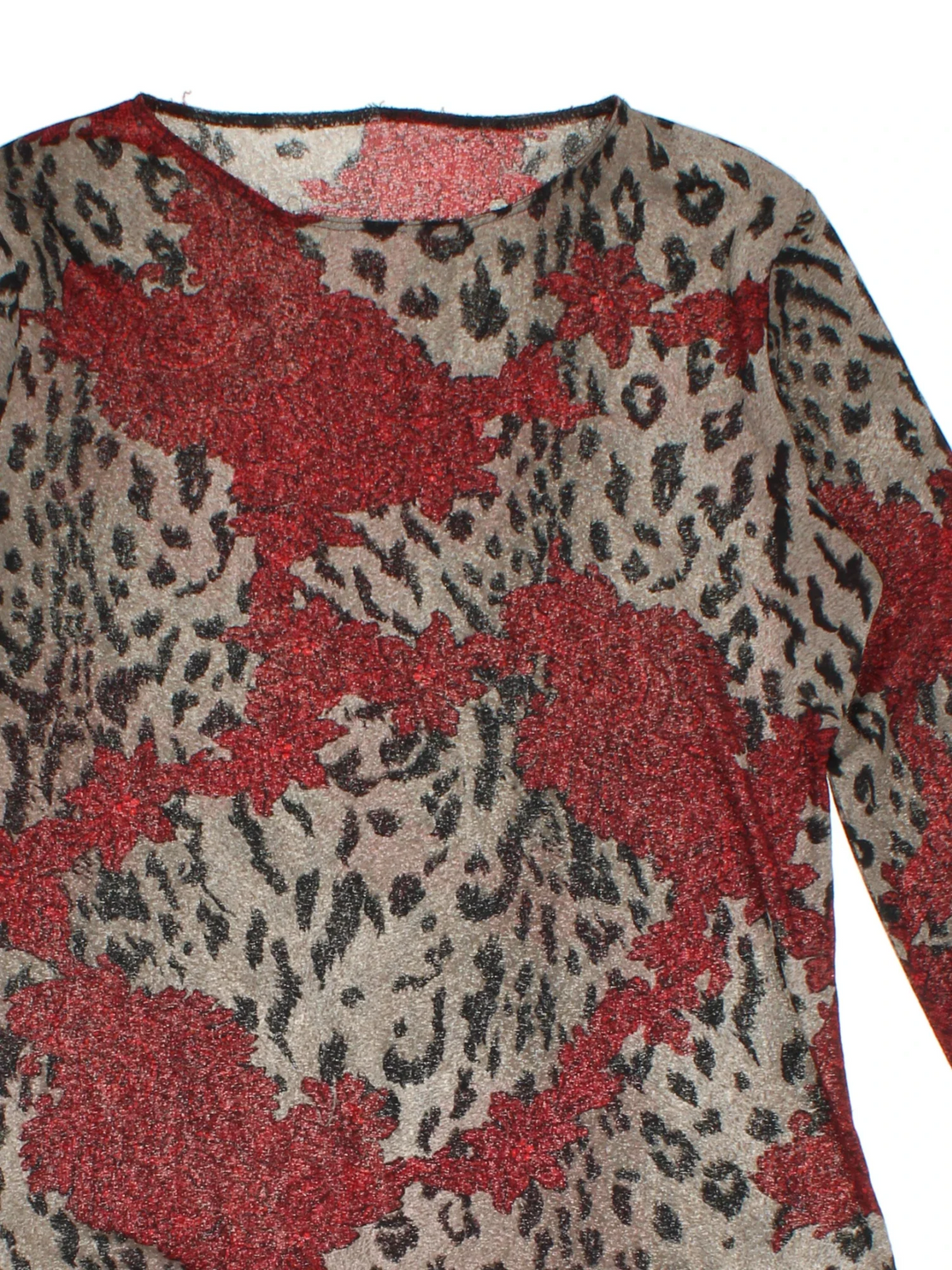 Y2K Leopard Print Mesh Top in a black/red colourway, frill hem detail and all over printed detail.