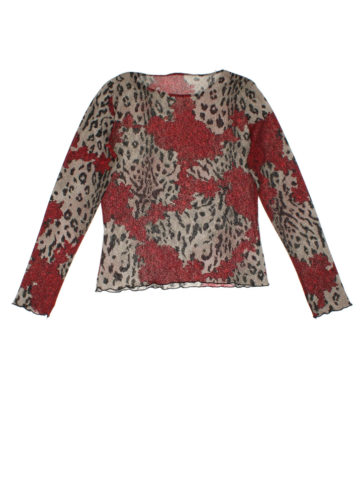 Y2K Leopard Print Mesh Top in a black/red colourway, frill hem detail and all over printed detail.