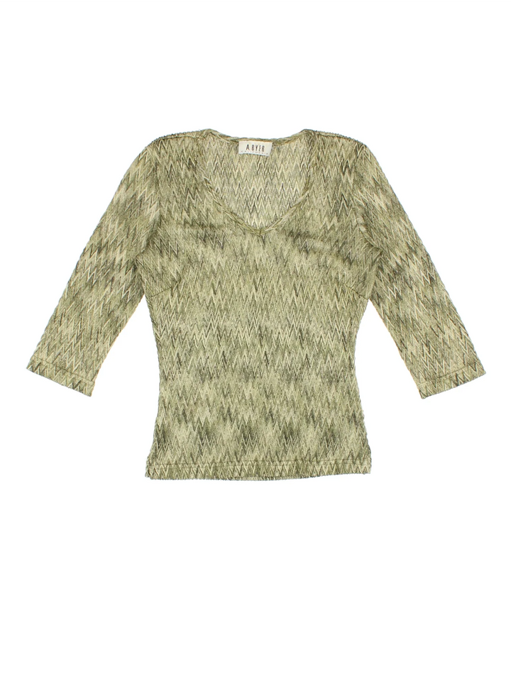 Y2K Top in a green colourway, v neck detail and all over zig zag pattern.