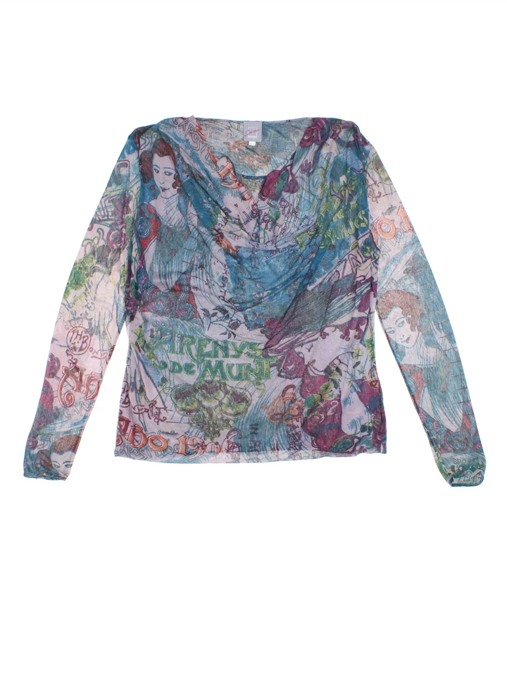 Y2K Sheer Top in a blue/purple colourway, cowl neck and all over printed detail.