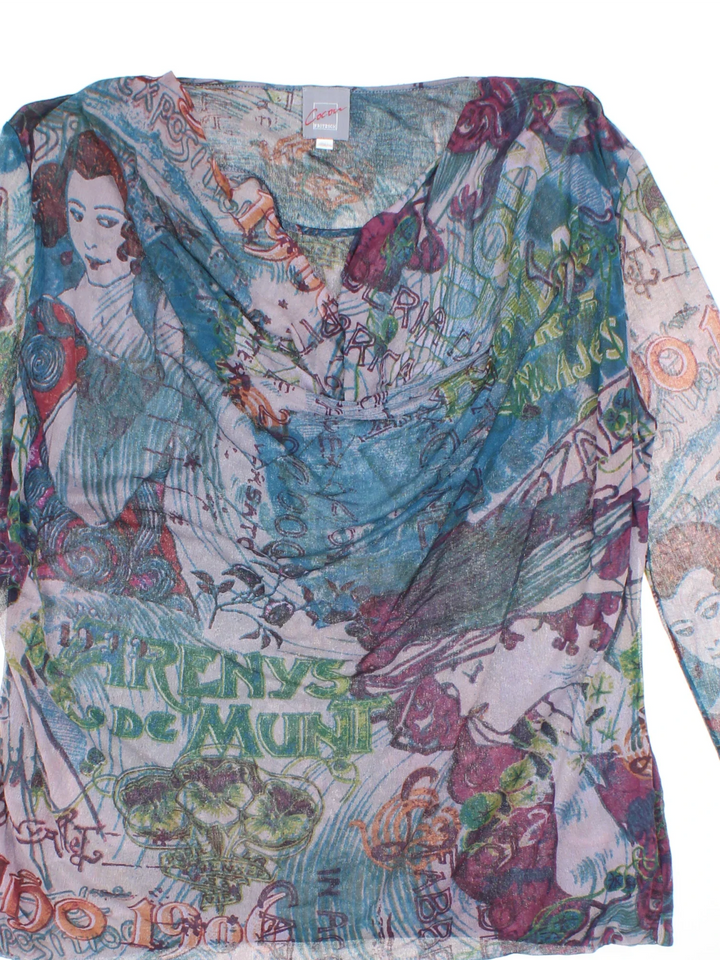 Y2K Sheer Top in a blue/purple colourway, cowl neck and all over printed detail.