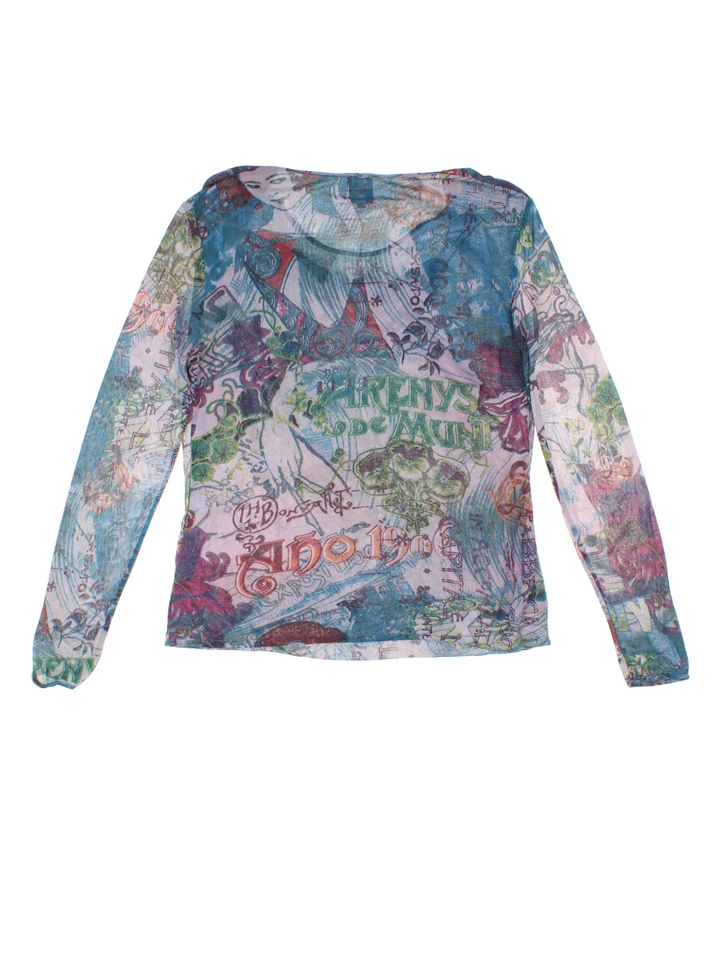Y2K Sheer Top in a blue/purple colourway, cowl neck and all over printed detail.