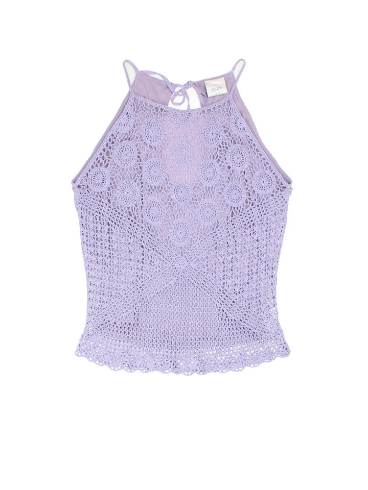 Y2K Crochet Top in a purple colourway, key hole back and crochet overlay.