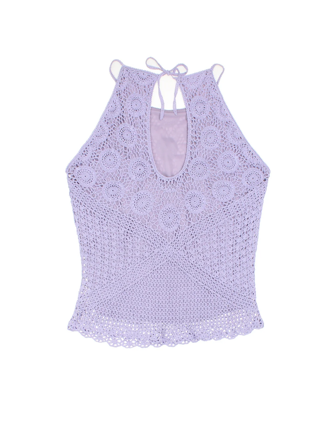 Y2K Crochet Top in a purple colourway, key hole back and crochet overlay.