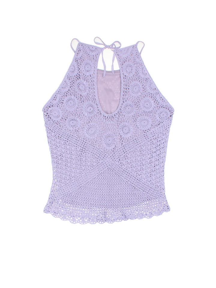 Y2K Crochet Top in a purple colourway, key hole back and crochet overlay.
