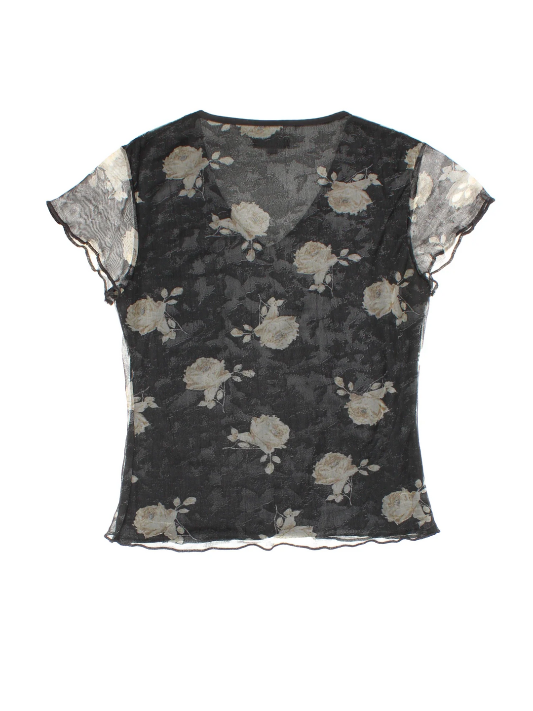 Y2K Floral Print Top in a black colourway. V neckline, sheer overlay and all over floral pattern.