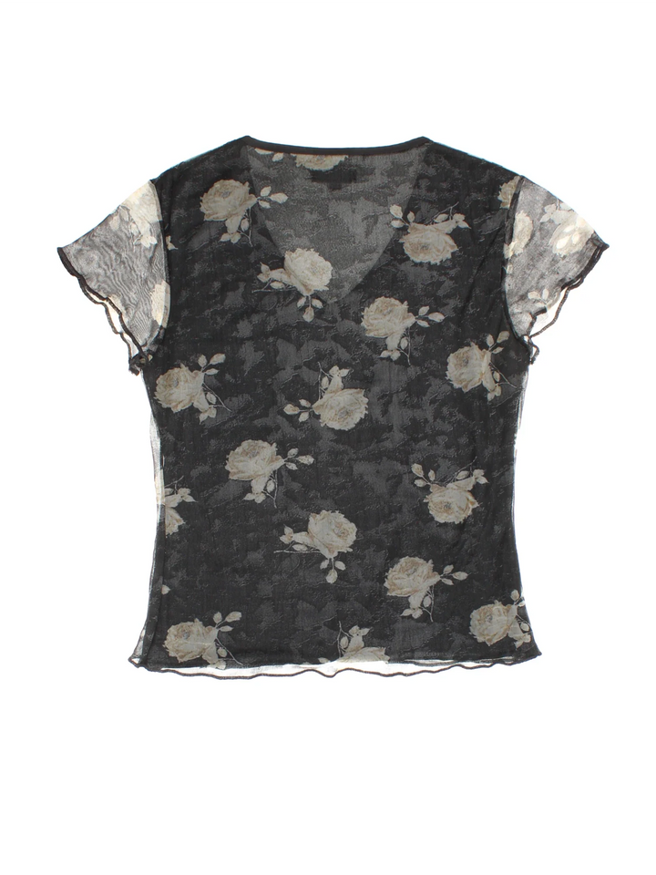 Y2K Floral Print Top in a black colourway. V neckline, sheer overlay and all over floral pattern.